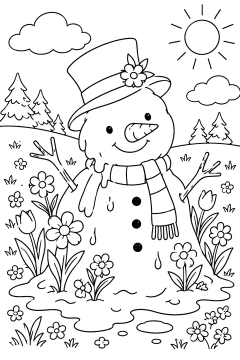 A melting snowman with flowers growing around it coloring page