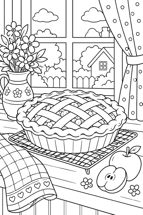 A fruit pie cooling on a windowsill coloring page