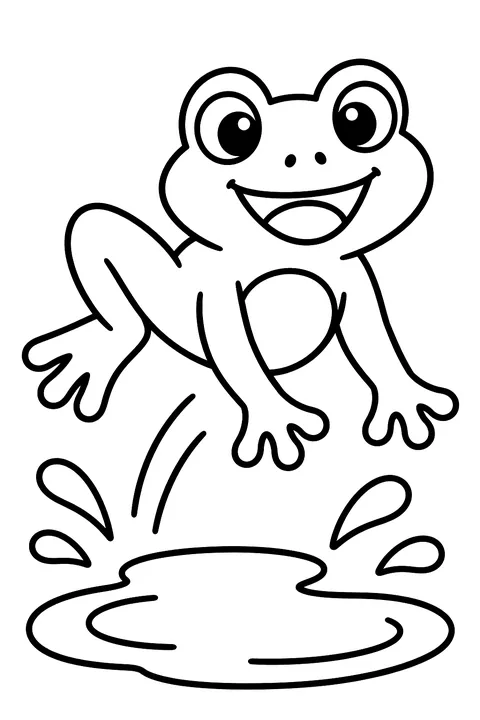 A frog jumping into a puddle coloring page