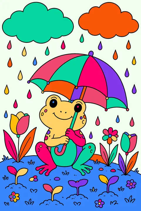 Rain clouds over sprouting flowers and a frog with an umbrella coloring page