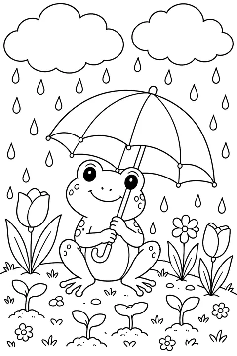 Rain clouds over sprouting flowers and a frog with an umbrella coloring page