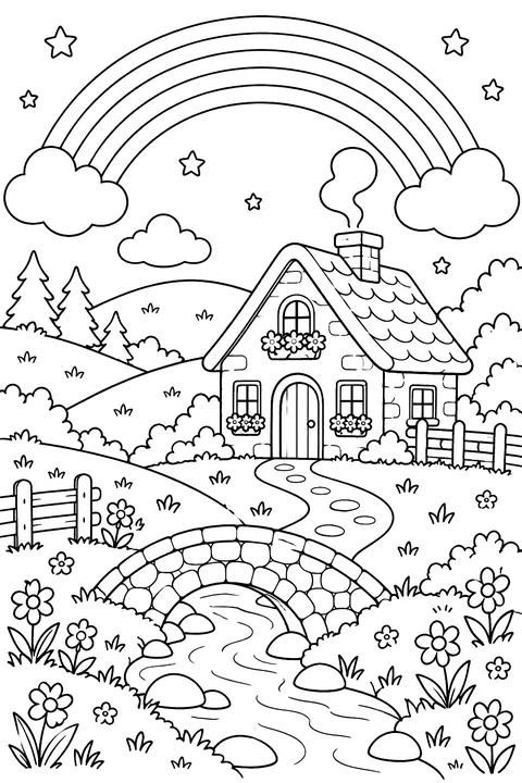 A rainbow over green hills with a little cottage coloring page