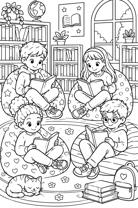 Kids reading books together on beanbags in a library coloring page