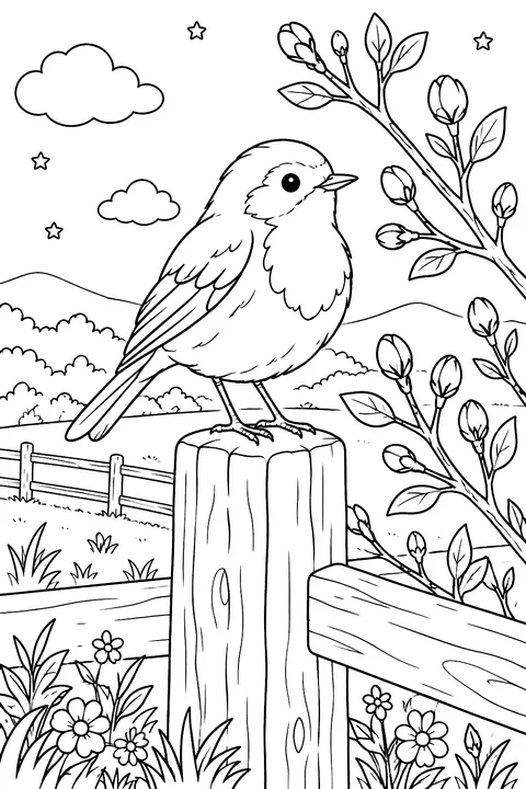 A robin on a fence post beside budding branches coloring page