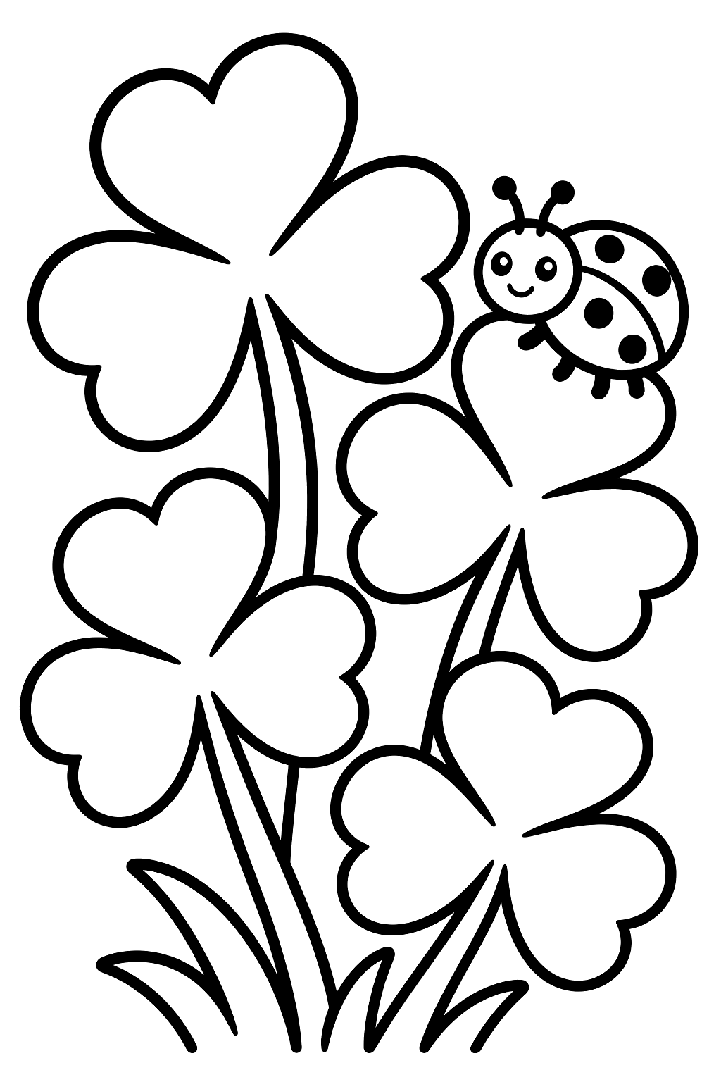 A bunch of three-leaf clovers with a ladybug coloring page