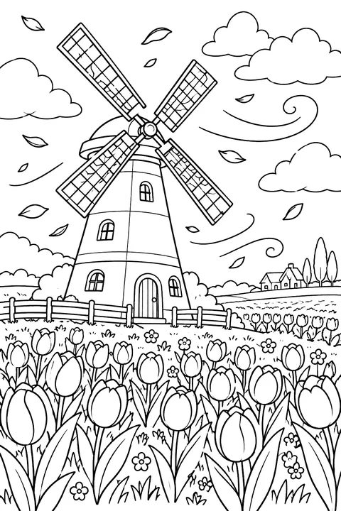 A windmill in a field of tulips on a windy day coloring page