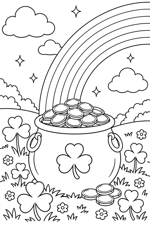 A pot of gold coins at the end of a rainbow with shamrocks coloring page