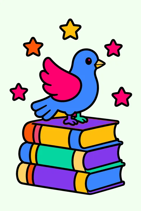 a stack of books with a dove on top and stars coloring page