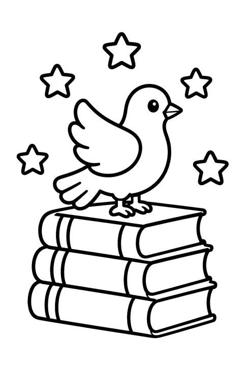 a stack of books with a dove on top and stars coloring page