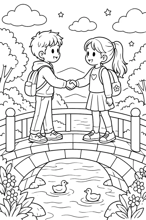 kids meeting in the middle of a bridge and shaking hands coloring page
