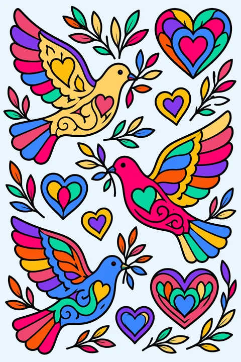 a page full of doves, hearts and olive branches coloring page