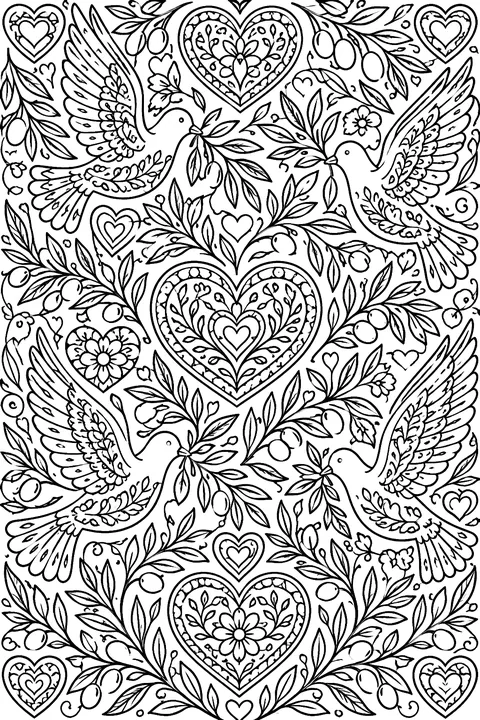 a page full of doves, hearts and olive branches coloring page