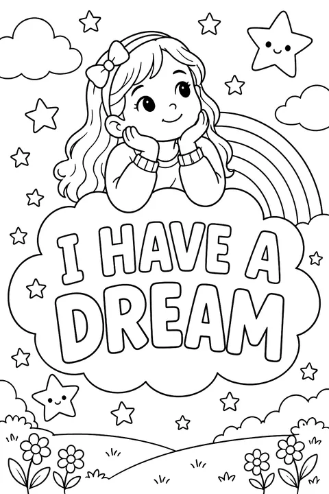 big outline letters spelling I HAVE A DREAM on a cloud with stars coloring page
