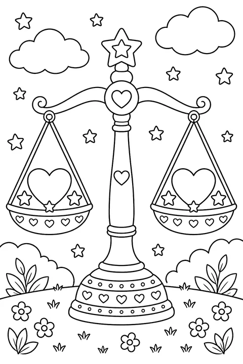 a balance scale with hearts on both sides and stars coloring page