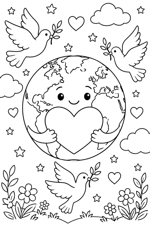 the Earth with a big heart and doves flying around it coloring page