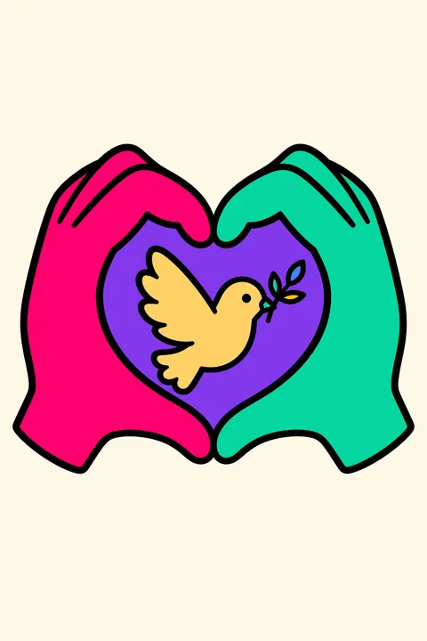 two hands forming a heart with a dove inside coloring page