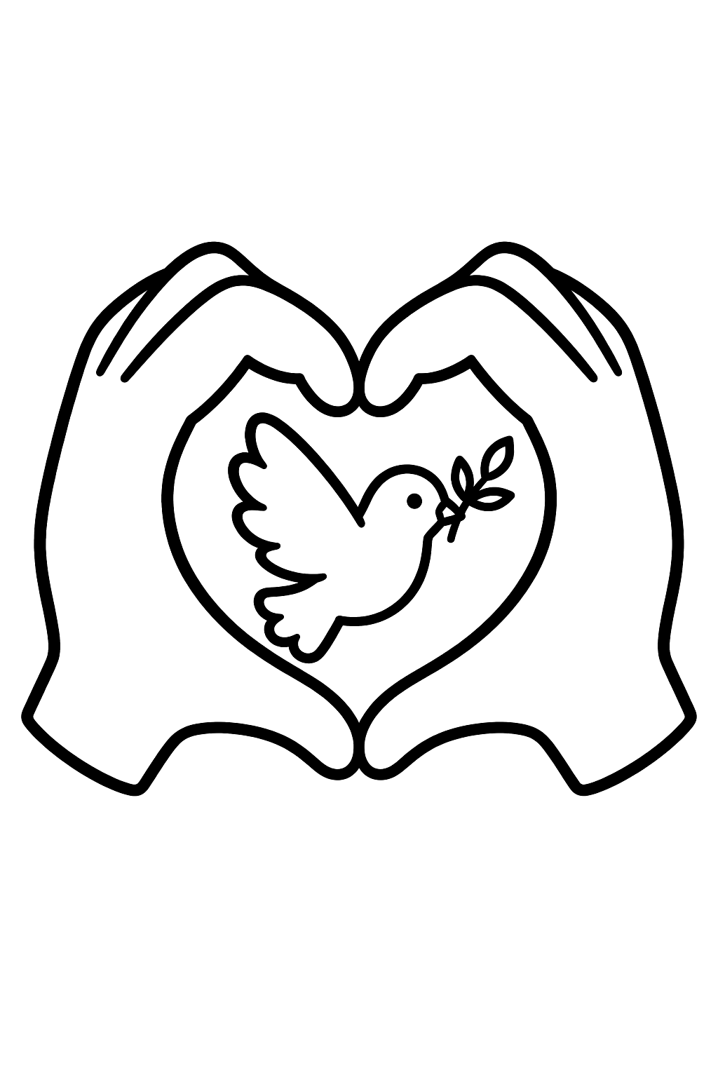 two hands forming a heart with a dove inside coloring page