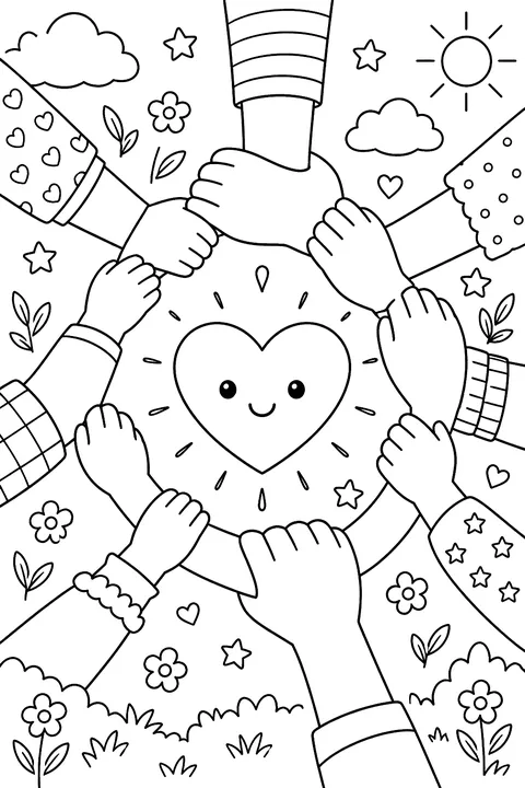 many hands of different sizes holding each other in a circle around a heart coloring page