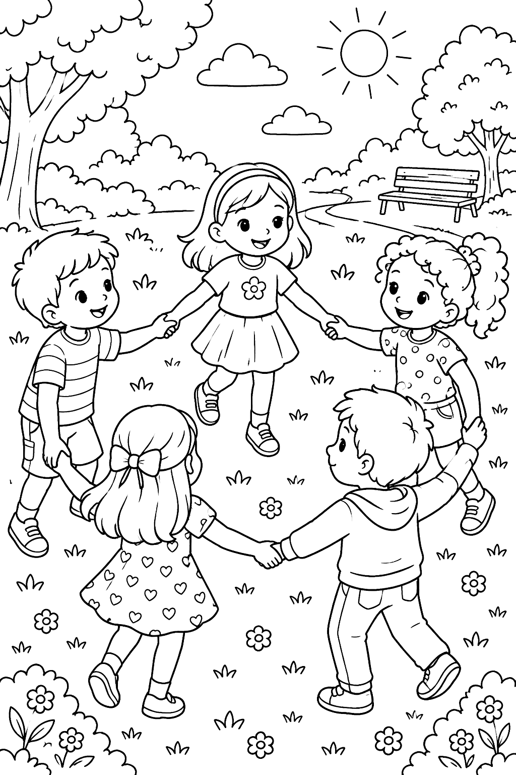 children holding hands in a circle in a park coloring page