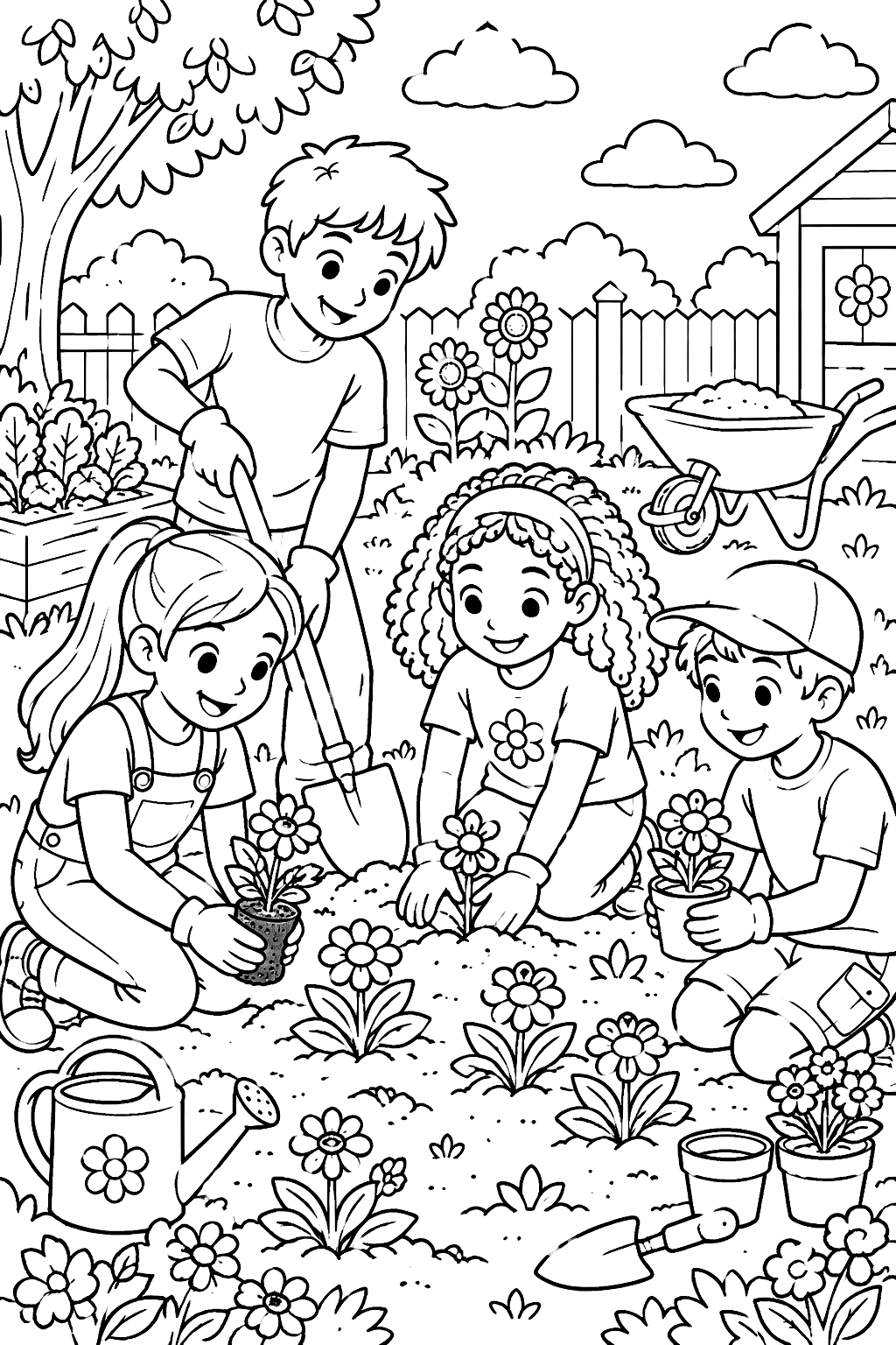 kids planting flowers together in a community garden coloring page