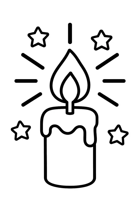 a lit candle with rays of light and stars coloring page