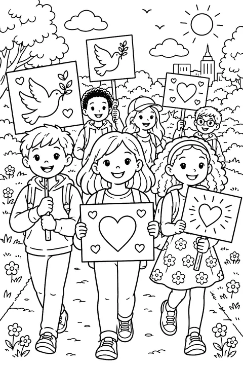 a peaceful crowd walking together with signs showing hearts and doves coloring page