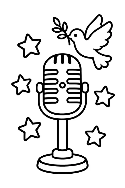 a vintage microphone on a stand with stars and a dove coloring page