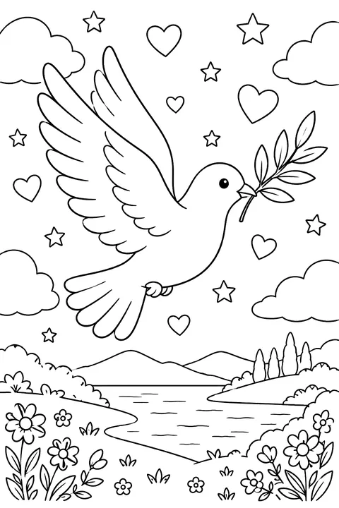 a dove carrying an olive branch with hearts and stars coloring page