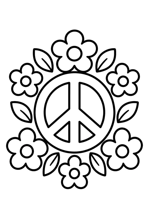 a peace symbol surrounded by flowers coloring page