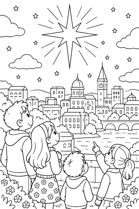 a big shining star over a city with people looking up coloring page