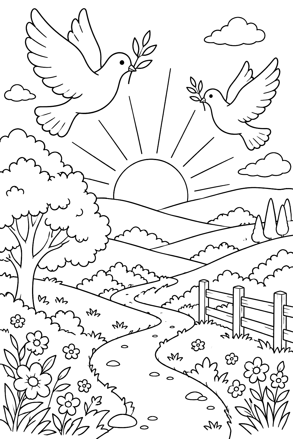 a sunrise over hills with doves and a path coloring page