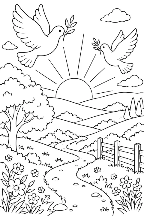 a sunrise over hills with doves and a path coloring page