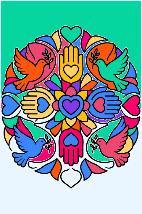 a round mandala made of hands, hearts and doves coloring page
