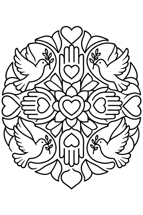 a round mandala made of hands, hearts and doves coloring page