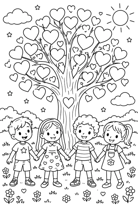 a tree whose leaves are hearts with children holding hands under it coloring page