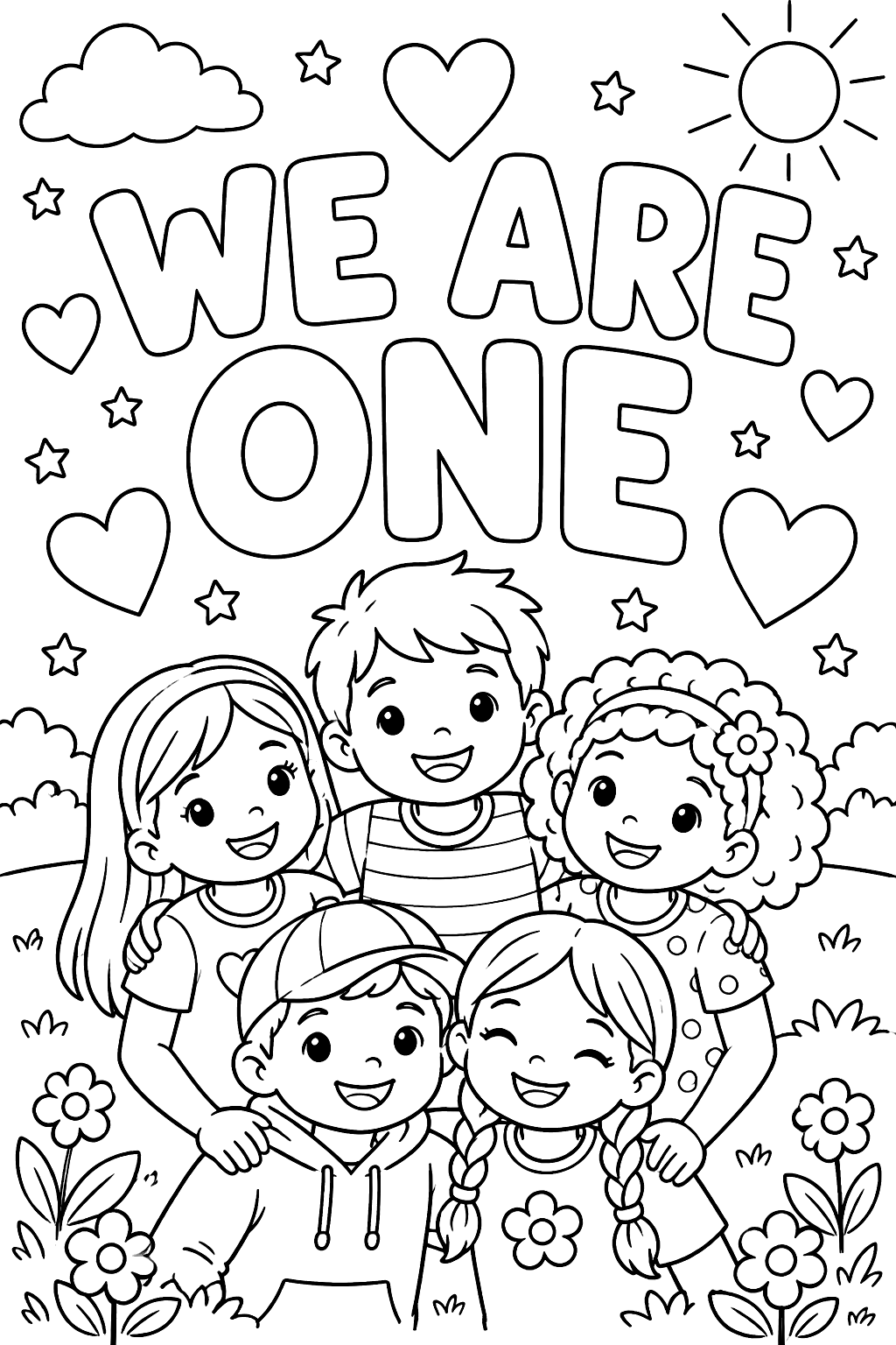 big outline letters spelling WE ARE ONE with hearts around coloring page
