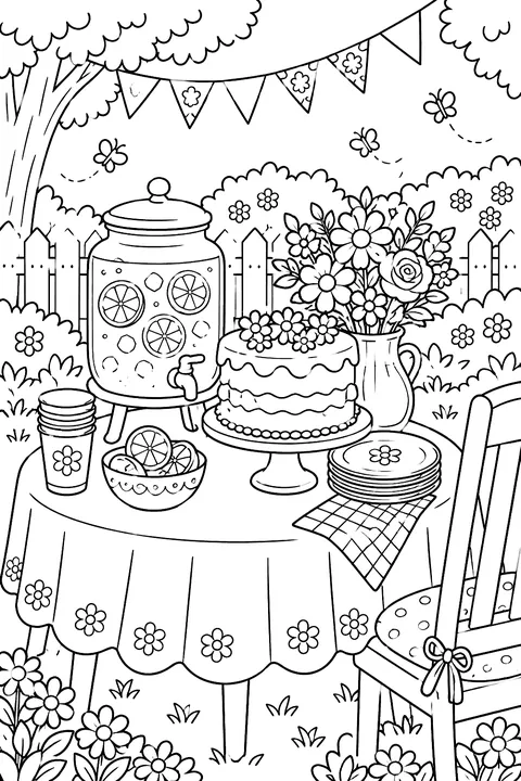 A garden party table with lemonade, cake and flowers coloring page