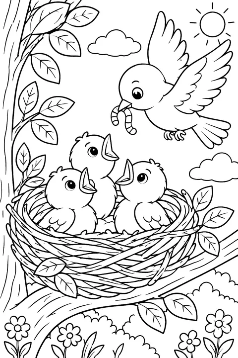 Three baby birds in a nest waiting for food coloring page