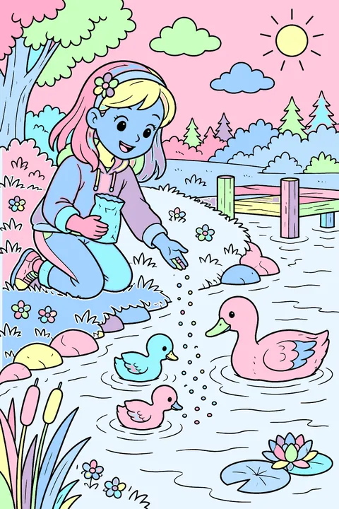 A kid feeding ducks at a pond coloring page