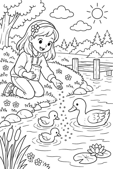 A kid feeding ducks at a pond coloring page