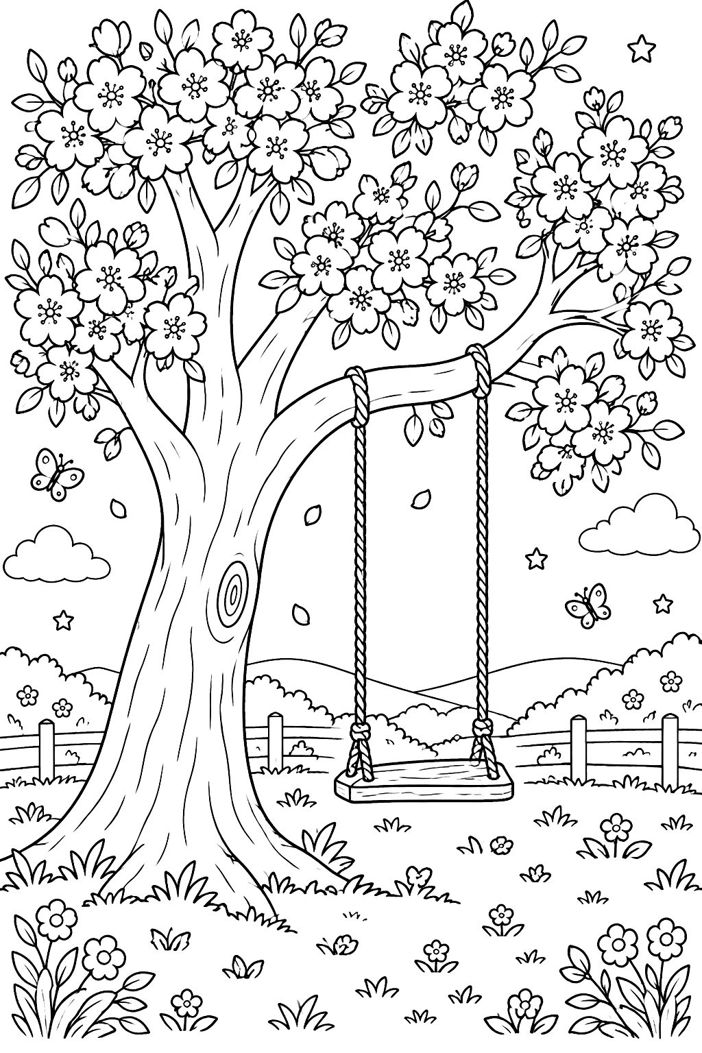 A big tree in full bloom with a swing coloring page