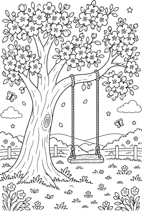 A big tree in full bloom with a swing coloring page
