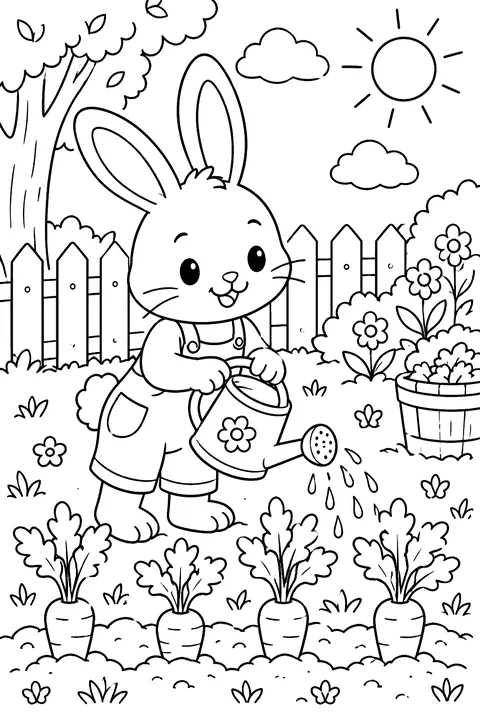 A bunny watering carrots in a garden coloring page
