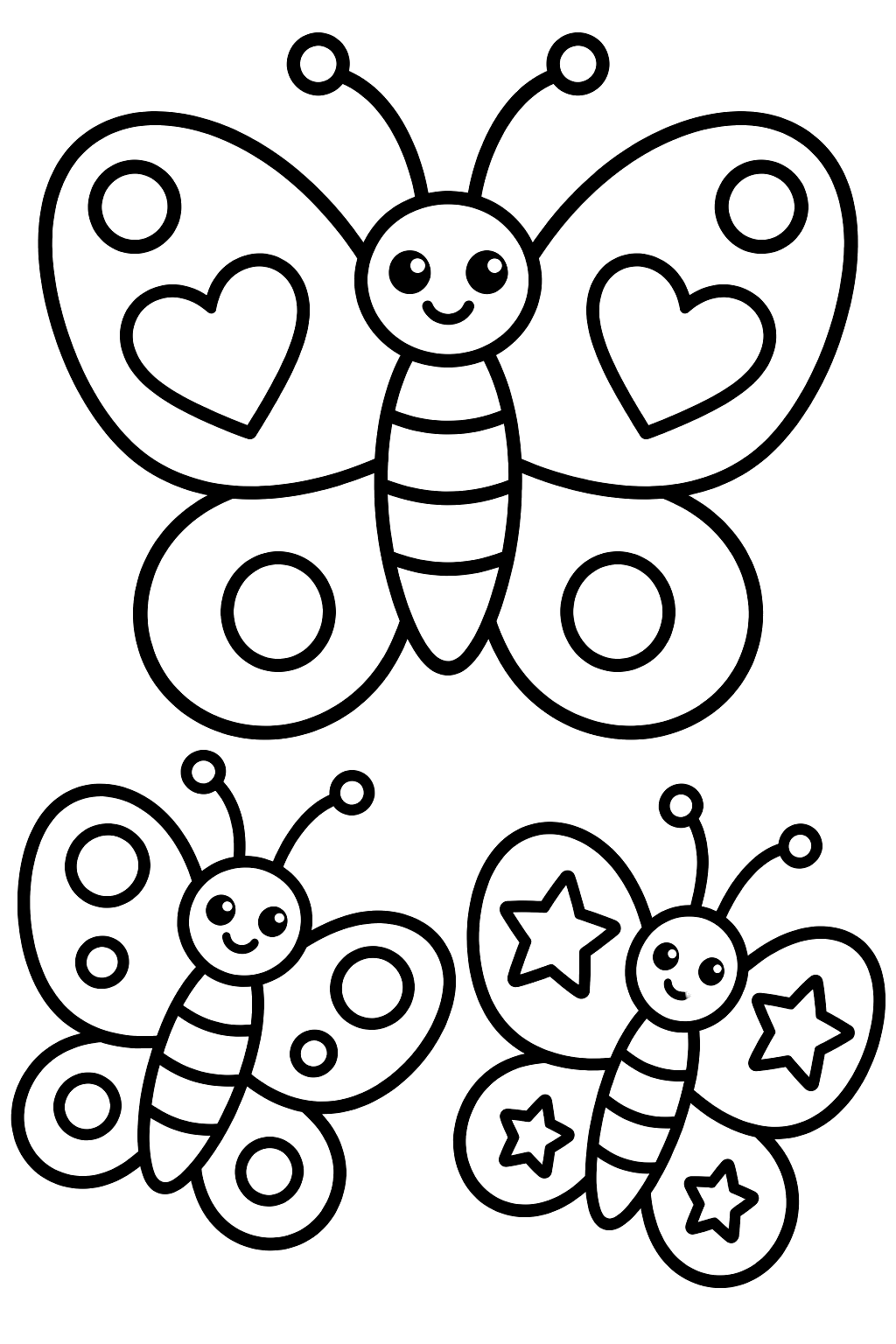 Three butterflies with patterned wings coloring page