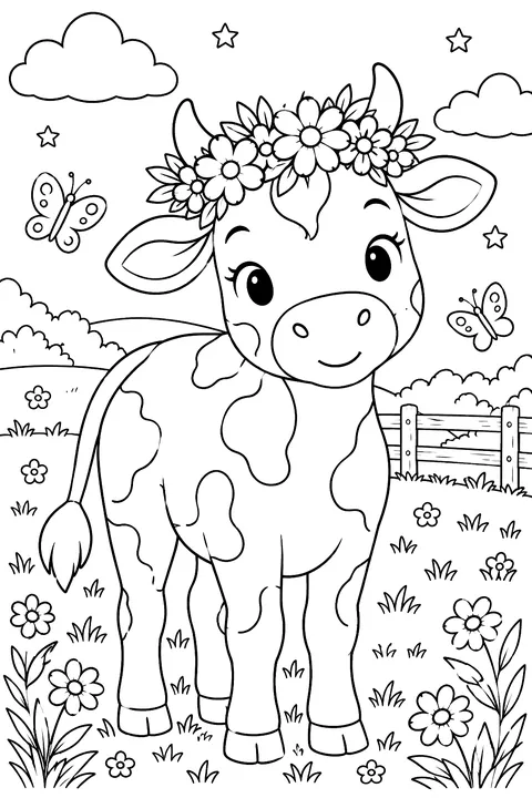 A cow with a flower crown in a green meadow coloring page