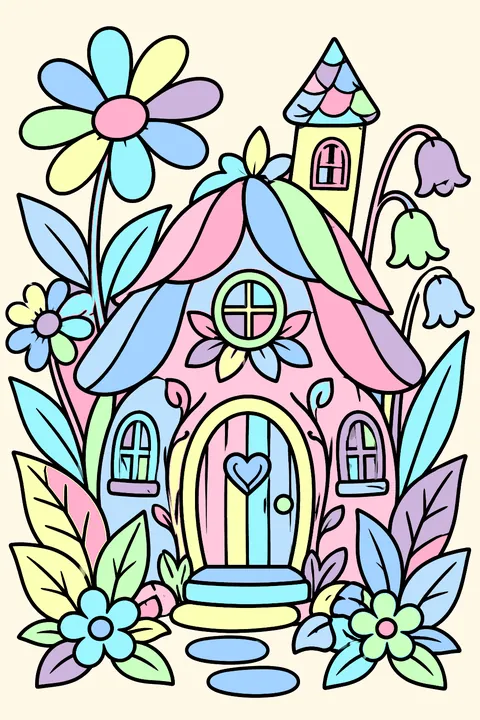 A tiny fairy house in a flower garden coloring page