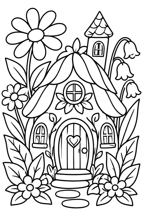 A tiny fairy house in a flower garden coloring page