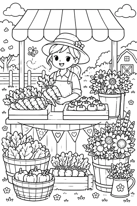 A farmers market stand with vegetables and flowers coloring page