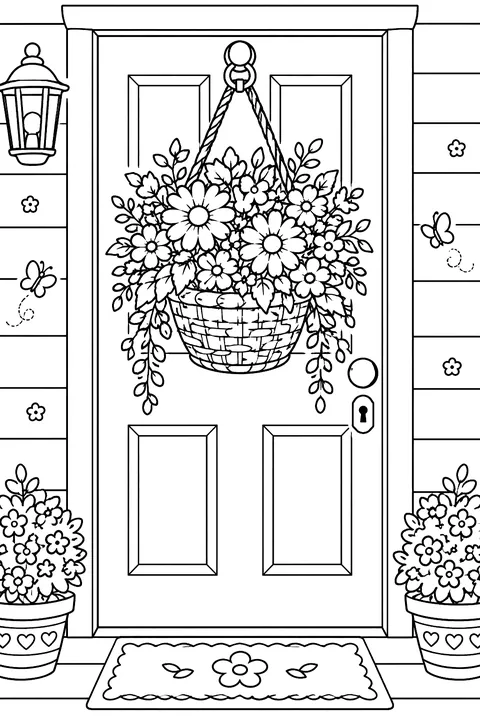 A basket of flowers hanging on a door coloring page