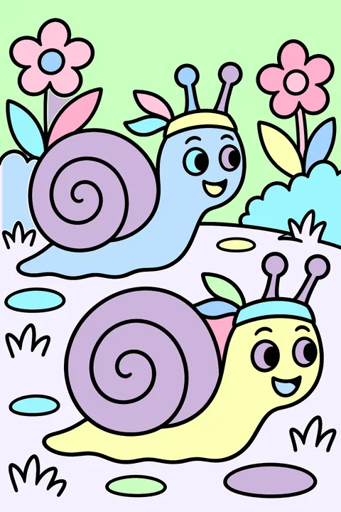 Two snails racing on a garden path coloring page